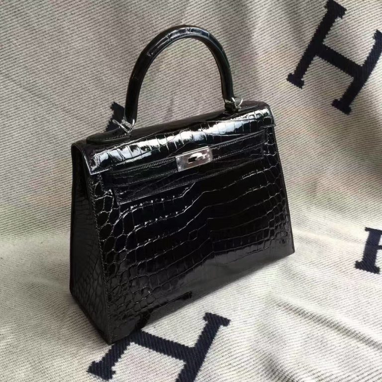 High Quality Hermes CK89 Black Crocodile Shiny Leather Sellier Kelly Bag  28CM