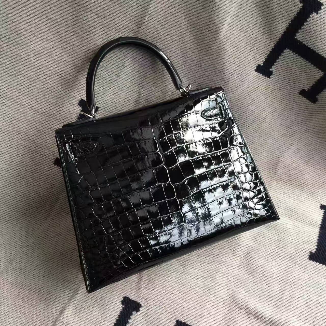 High Quality Hermes CK89 Black Crocodile Shiny Leather Sellier Kelly Bag 28CM