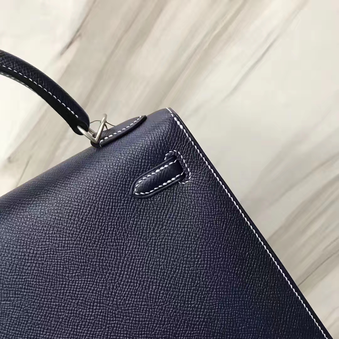 Stock Hermes 73 Blue Indgo Epsom Kelly25CM White Line Silver Hardware