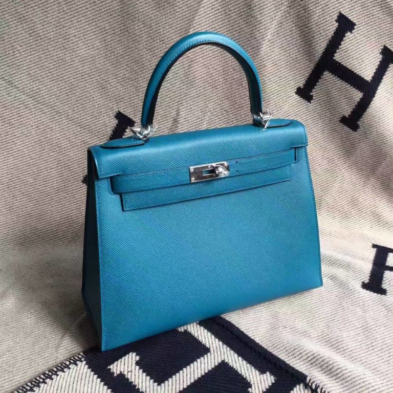 Hermes 7W Blue Izmir Epsom Calfskin Leather Sellier Kelly Bag  28CM