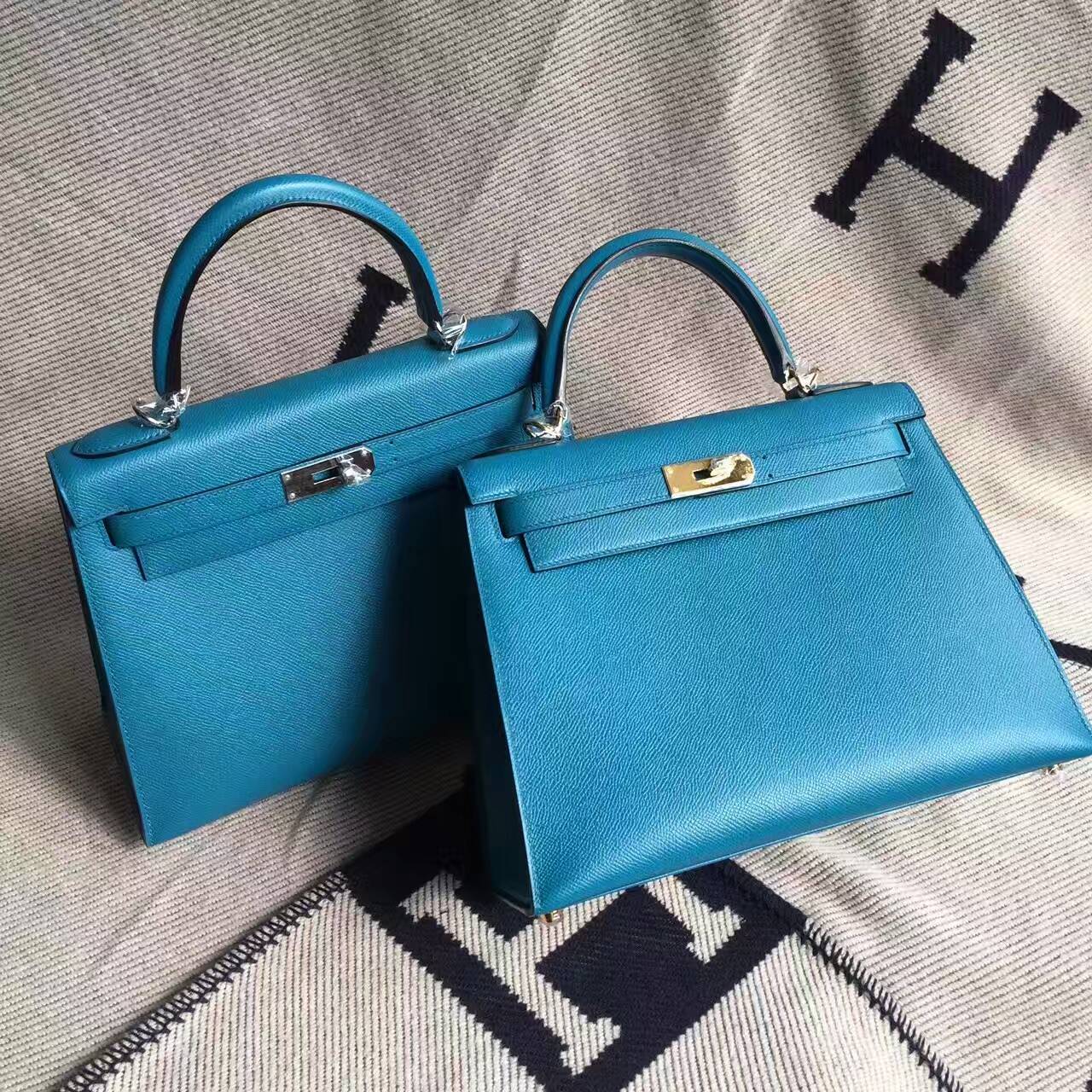 Wholesale Hermes 7W Blue Izmir Epsom Calfskin Leather Sellier Kelly Bag 28CM