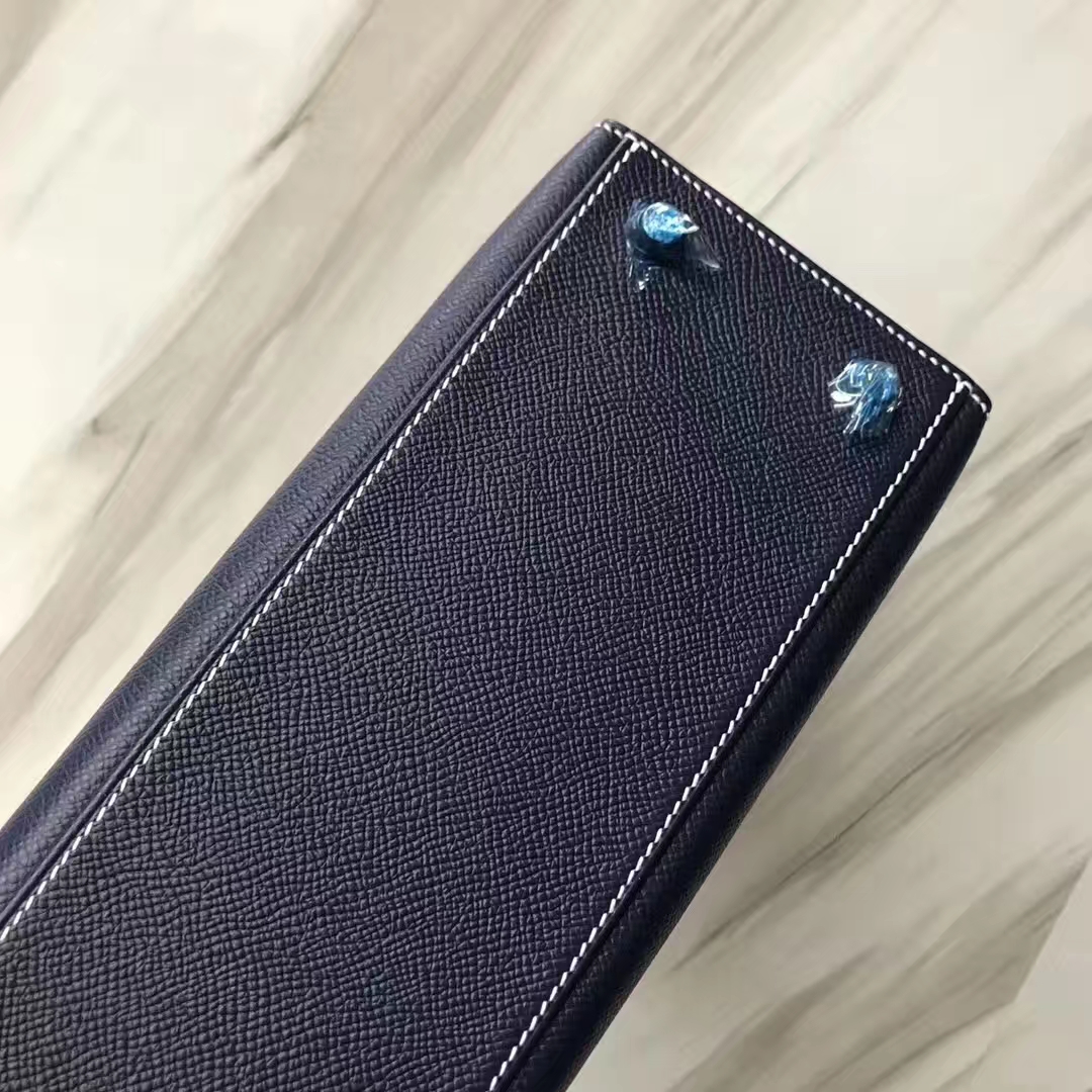 Stock Hermes 73 Blue Indgo Epsom Kelly25CM White Line Silver Hardware