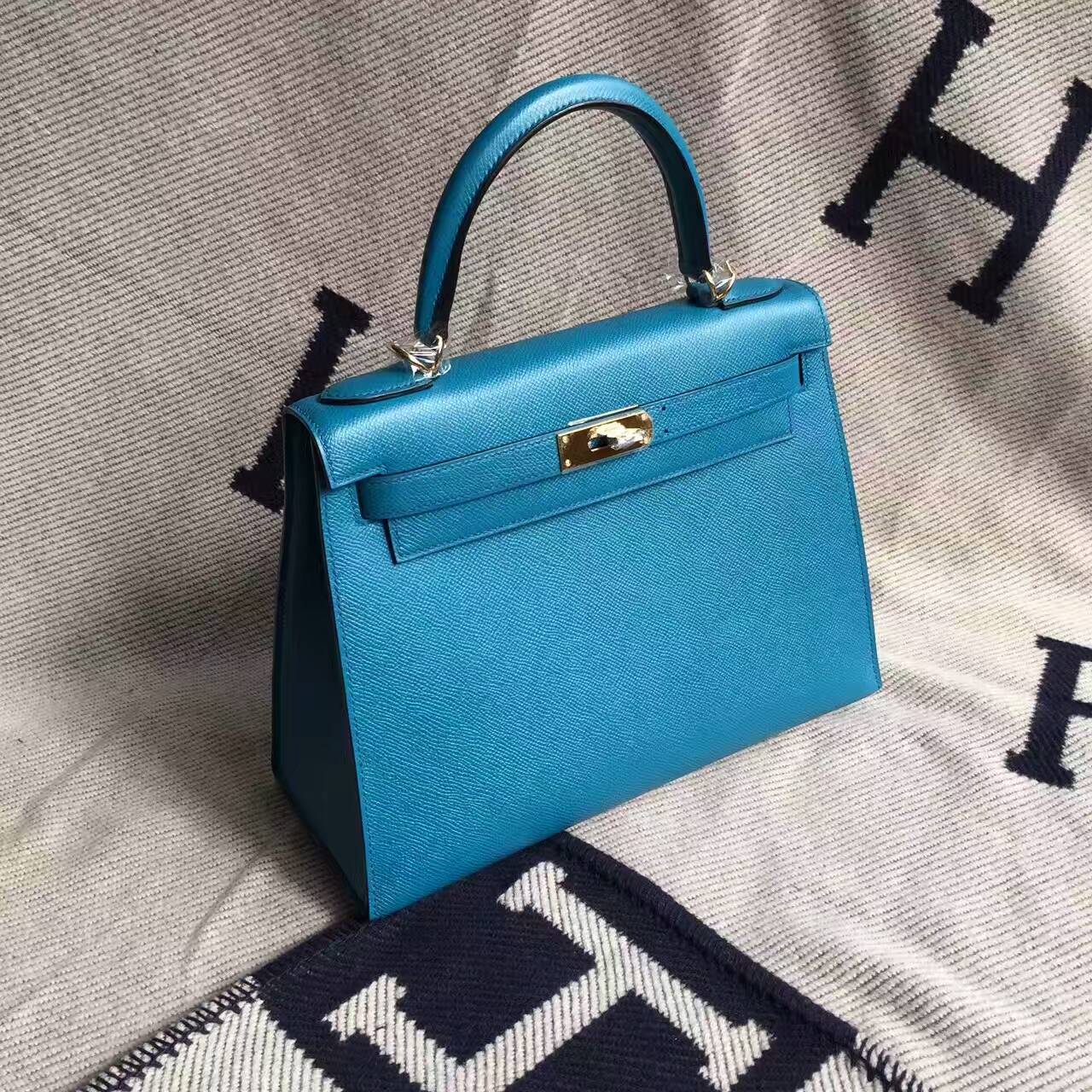 Wholesale Hermes 7W Blue Izmir Epsom Calfskin Leather Sellier Kelly Bag 28CM