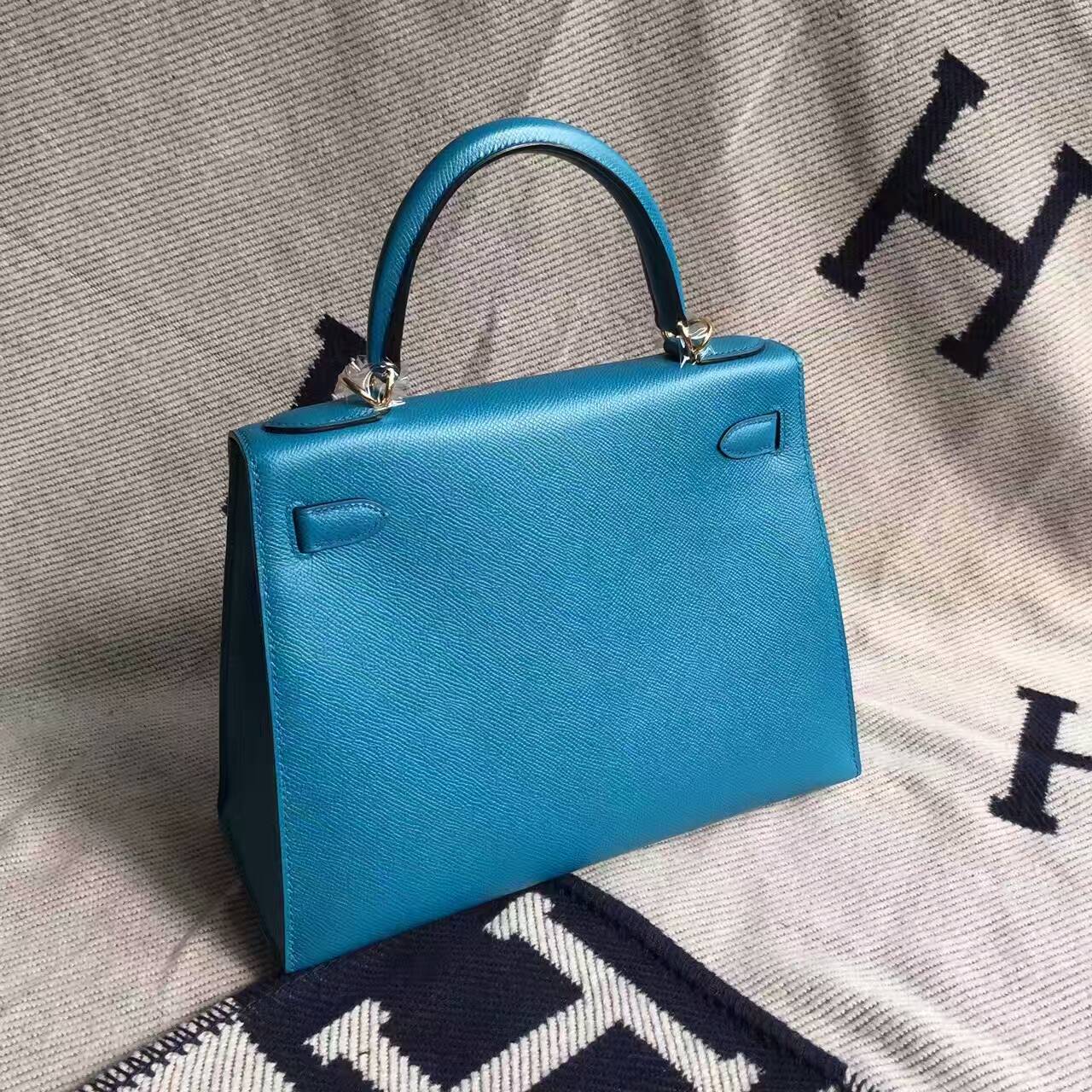 Wholesale Hermes 7W Blue Izmir Epsom Calfskin Leather Sellier Kelly Bag 28CM