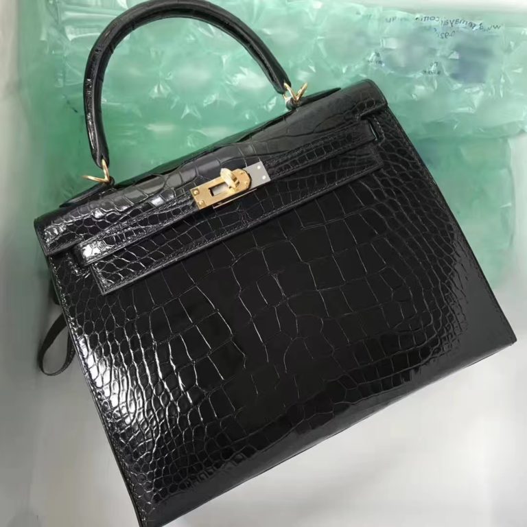 Hermes CK89 Noir Shiny Crocodile Kelly 25CM Bag Gold Hardware