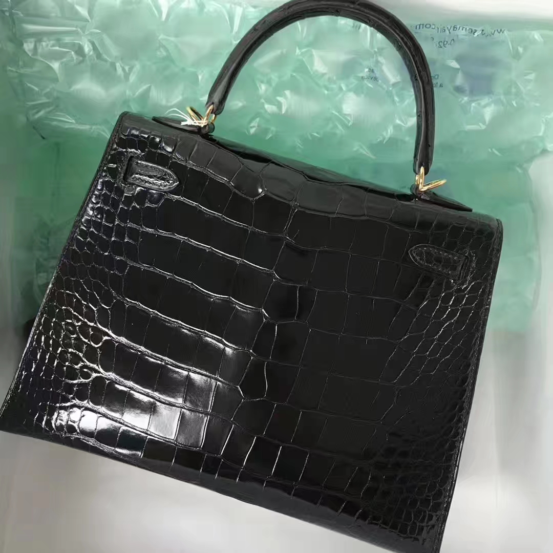 Stock Noble Hermes CK89 Noir Shiny Crocodile Kelly25CM Bag Gold Hardware