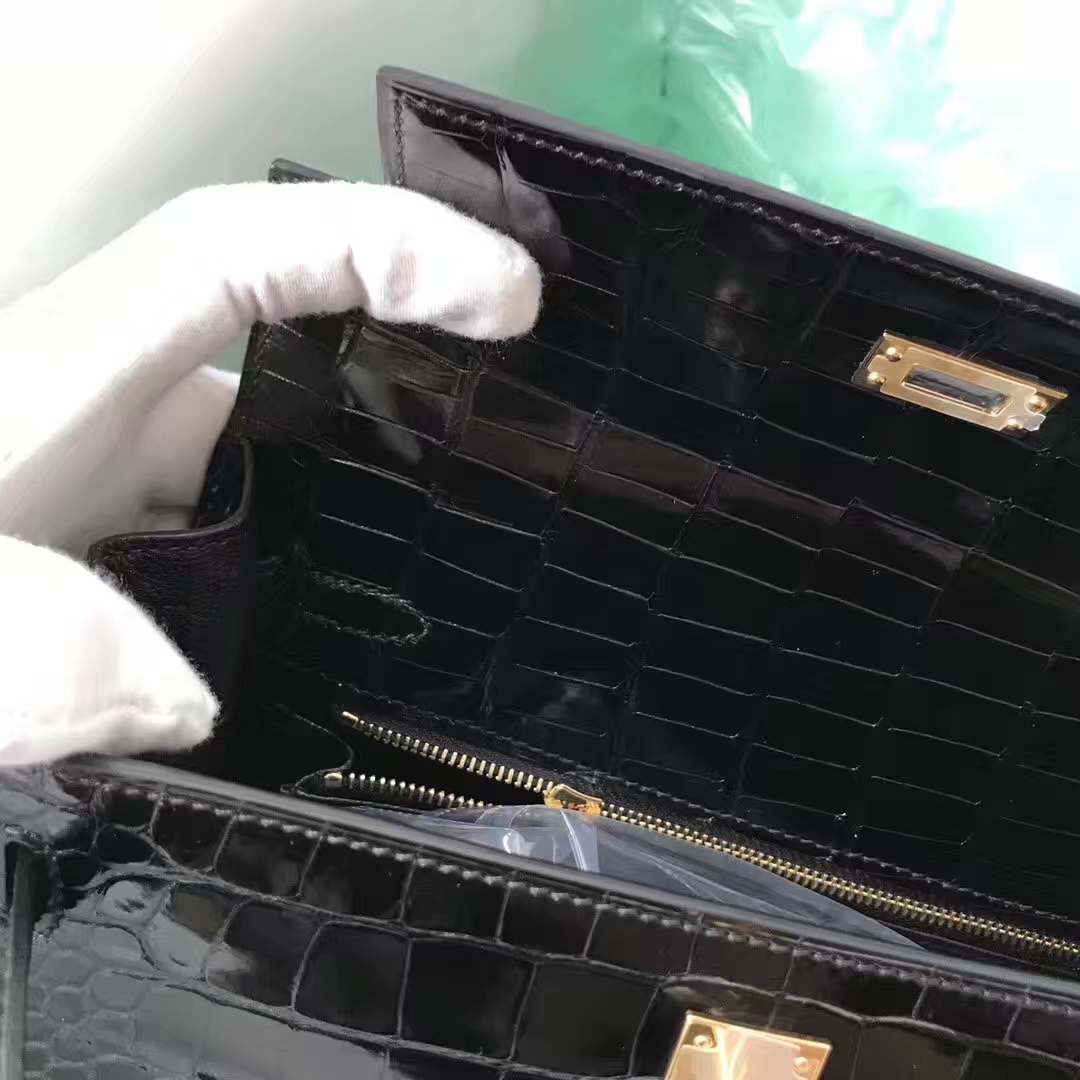 Stock Noble Hermes CK89 Noir Shiny Crocodile Kelly25CM Bag Gold Hardware