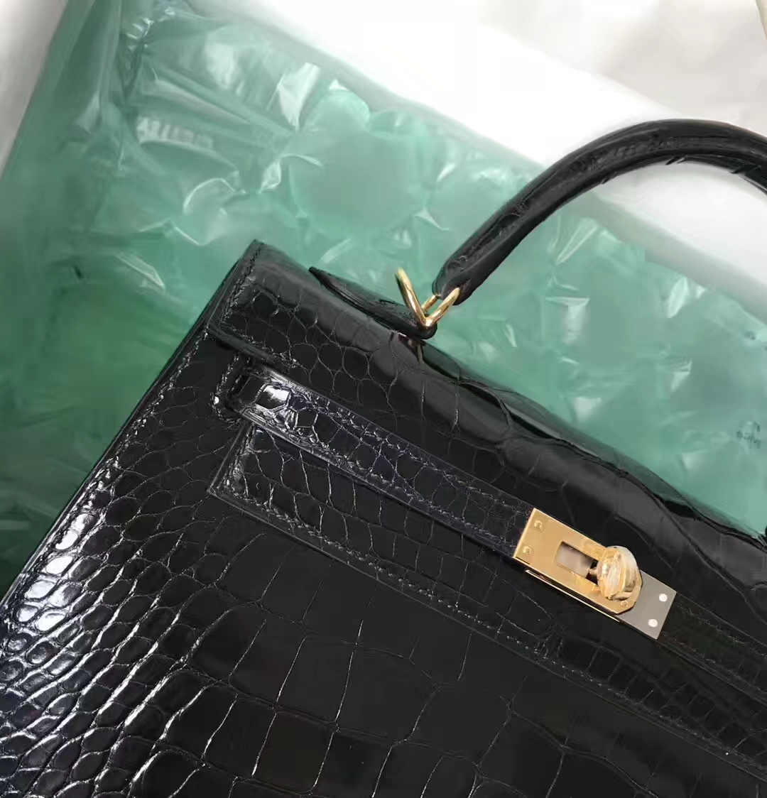 Stock Noble Hermes CK89 Noir Shiny Crocodile Kelly25CM Bag Gold Hardware