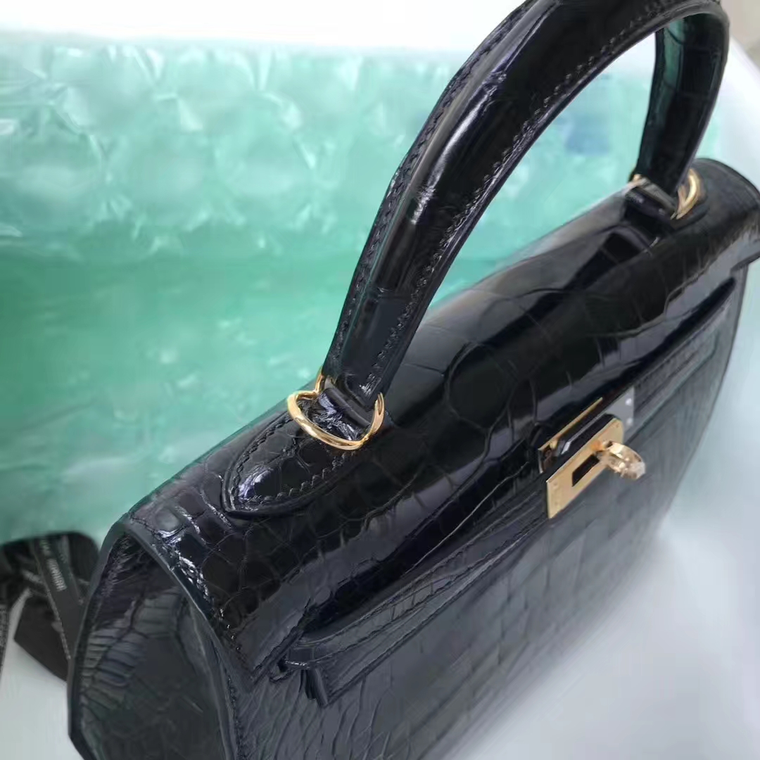 Stock Noble Hermes CK89 Noir Shiny Crocodile Kelly25CM Bag Gold Hardware