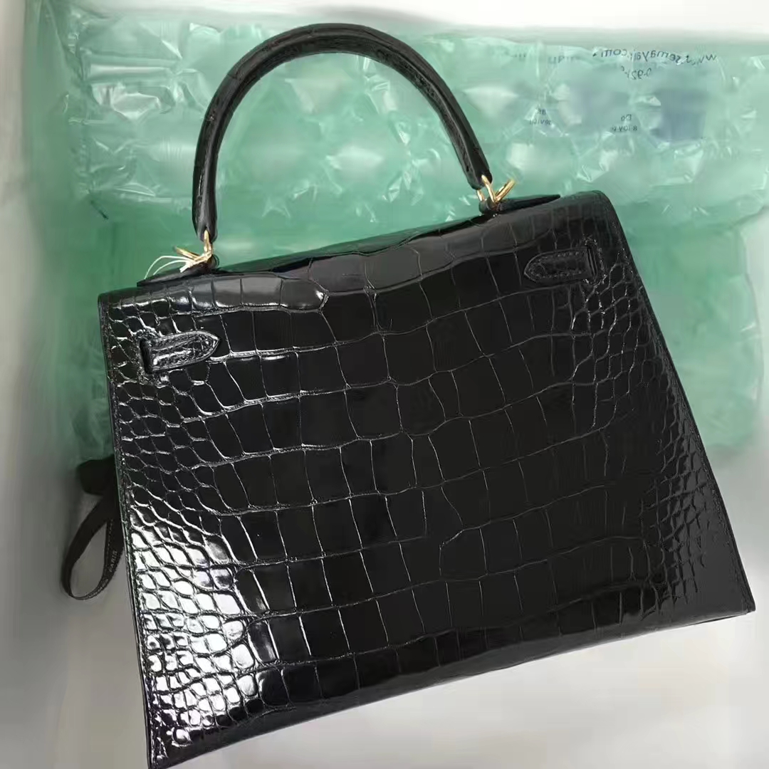 Stock Noble Hermes CK89 Noir Shiny Crocodile Kelly25CM Bag Gold Hardware