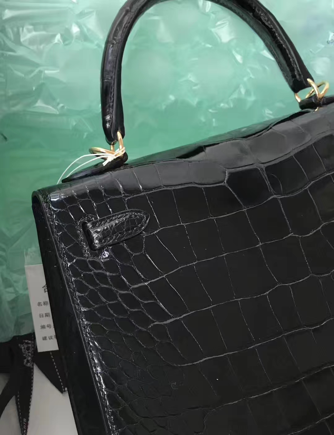 Stock Noble Hermes CK89 Noir Shiny Crocodile Kelly25CM Bag Gold Hardware
