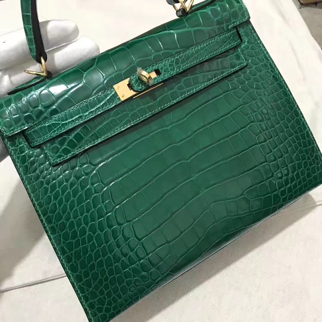 Stock Hermes 6Q Vert Emeraude Shiny Crocodile Kelly Bag25CM Gold Hardware