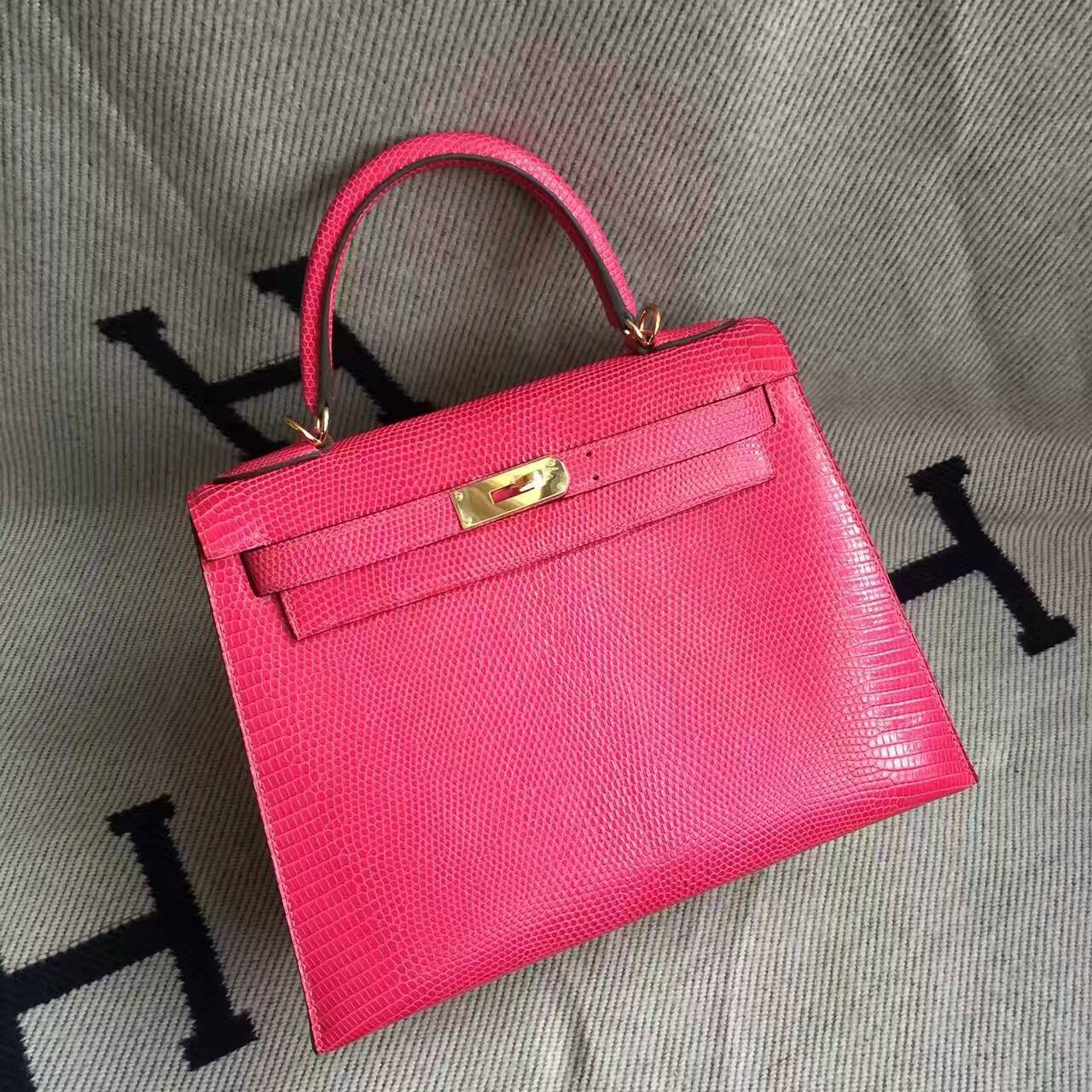 Wholesale Hermes Sellier Kelly Bag28CM in Hot Pink Lizard Leather