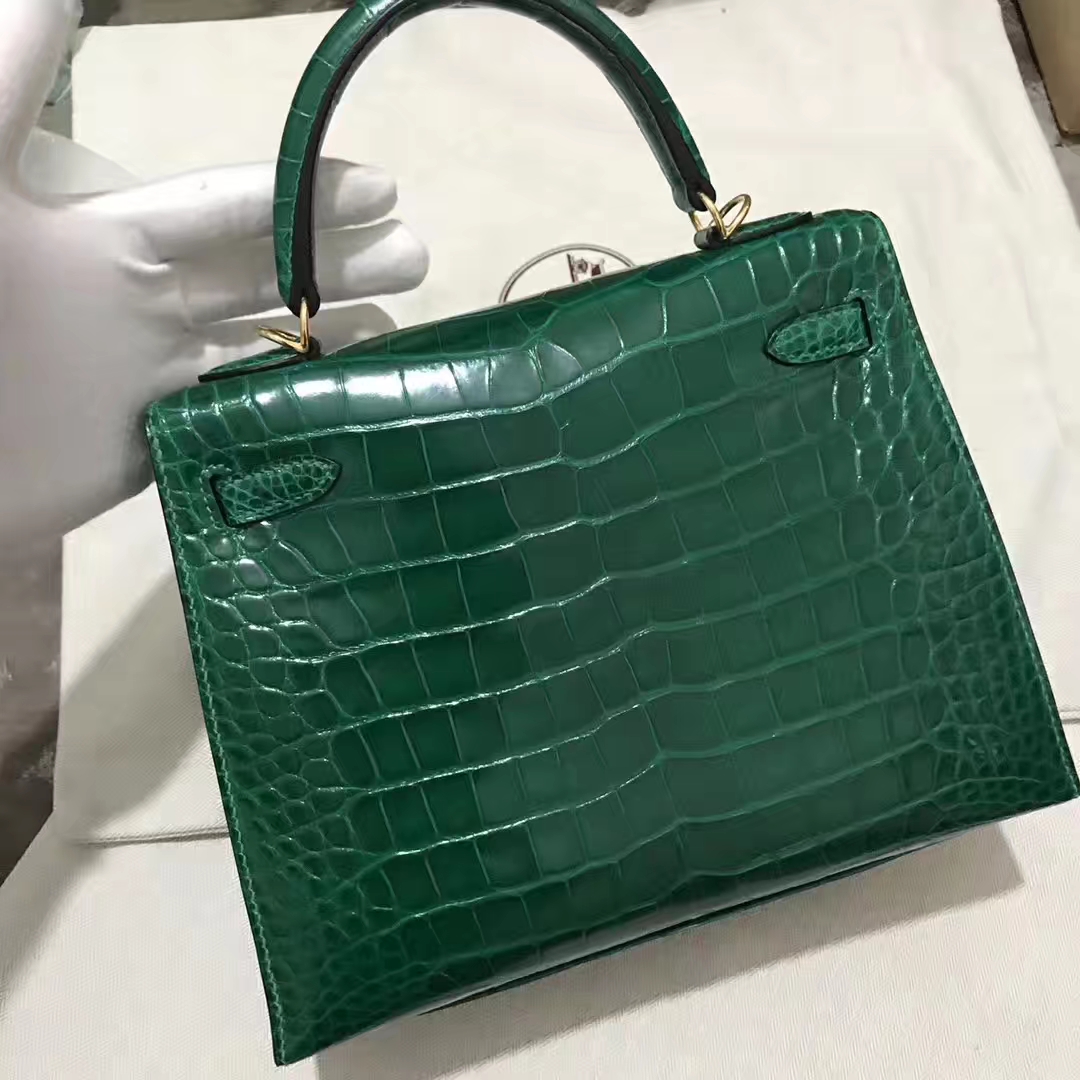 Stock Hermes 6Q Vert Emeraude Shiny Crocodile Kelly Bag25CM Gold Hardware
