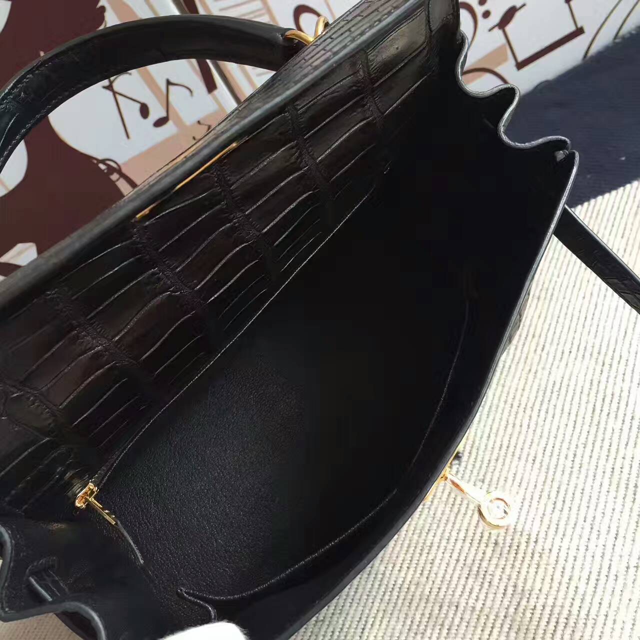 Elegant Hermes CK89 Black Crocodile Matt Leather Retourne Kelly Bag28CM