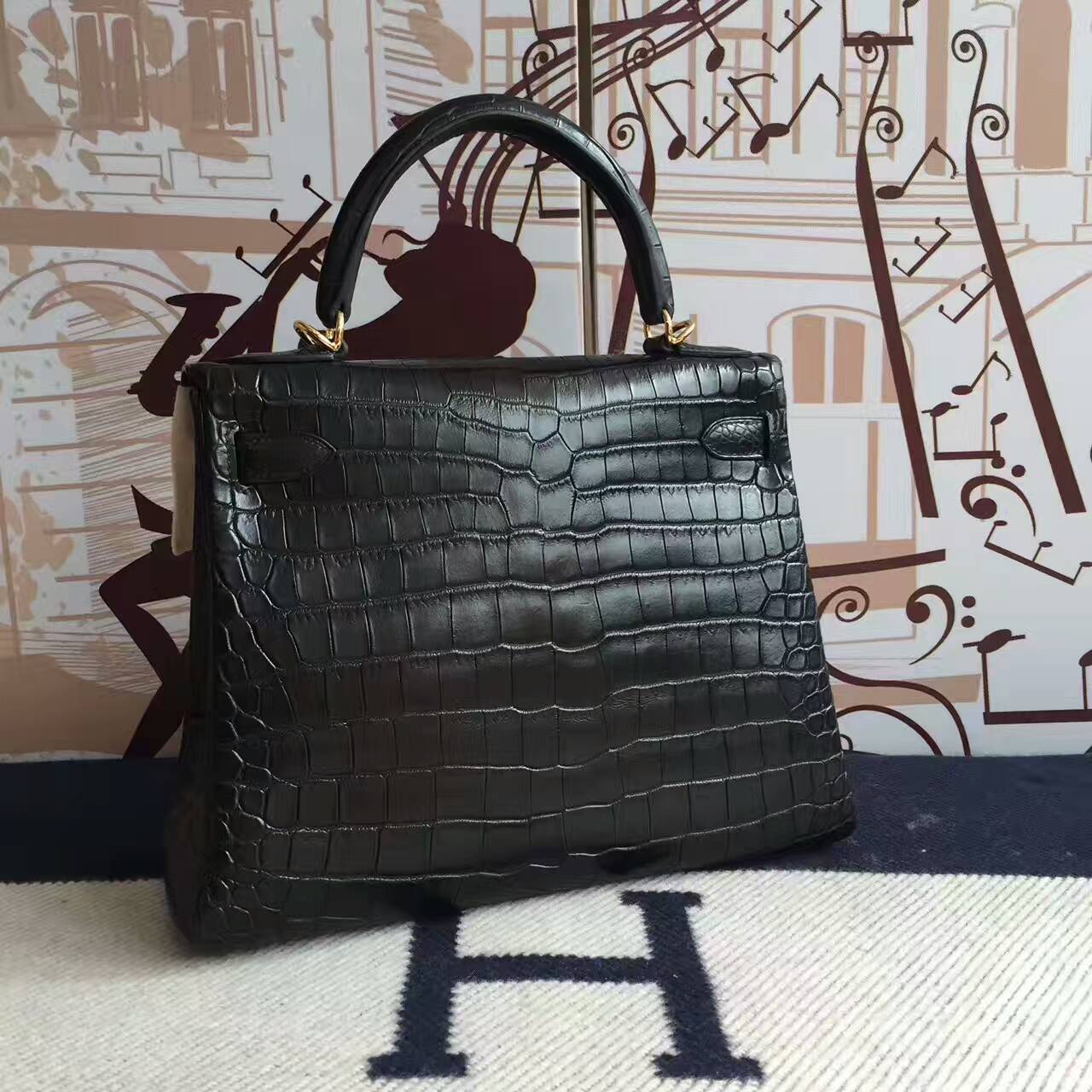 Elegant Hermes CK89 Black Crocodile Matt Leather Retourne Kelly Bag28CM