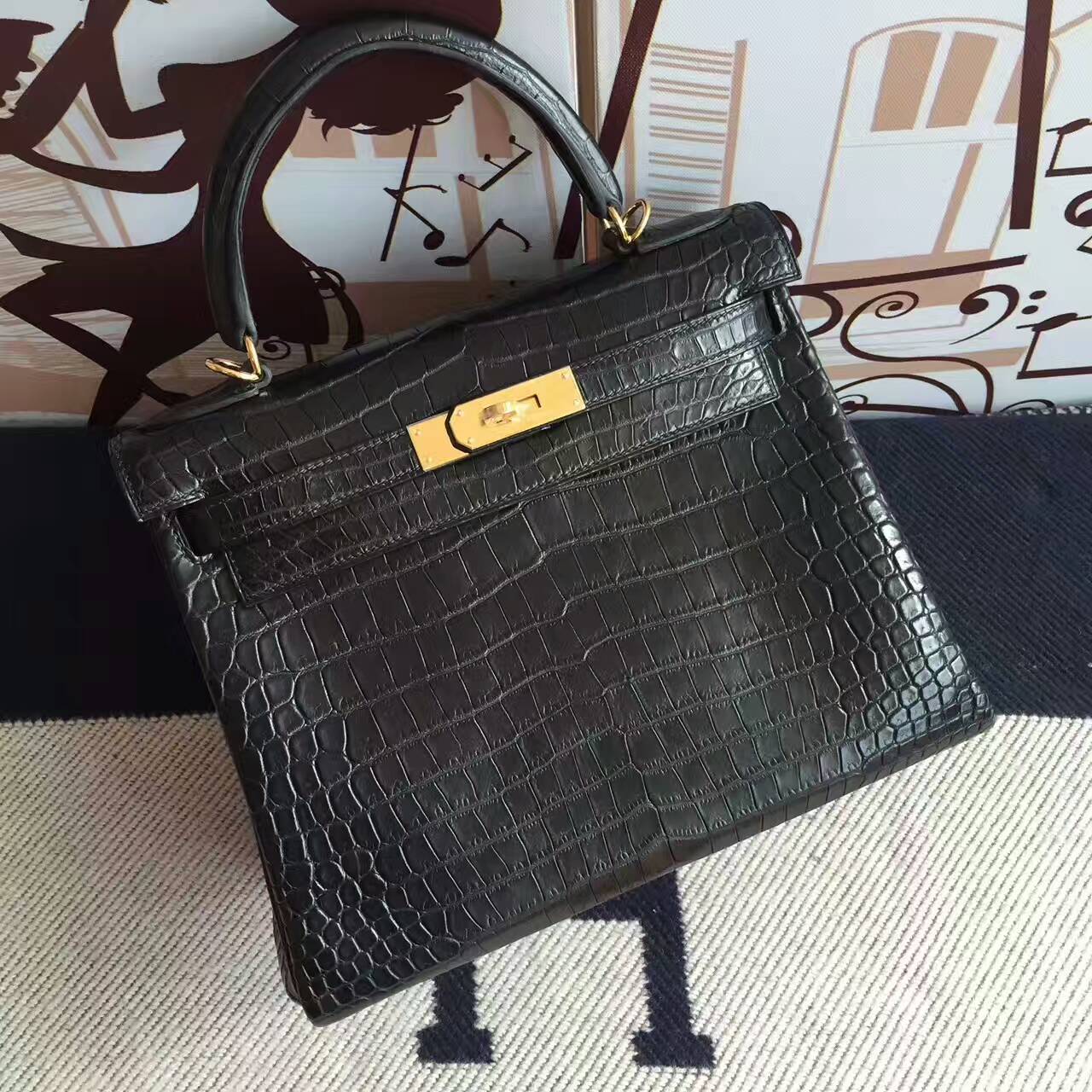 Elegant Hermes CK89 Black Crocodile Matt Leather Retourne Kelly Bag28CM