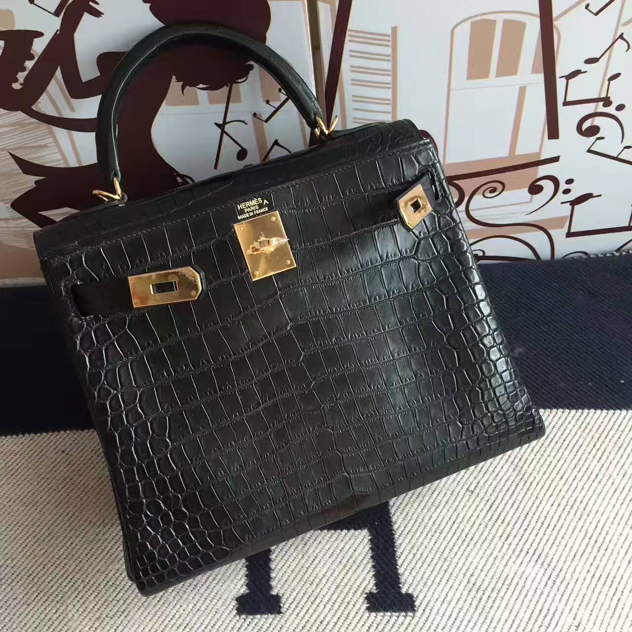 Elegant Hermes CK89 Black Crocodile Matt Leather Retourne Kelly Bag28CM