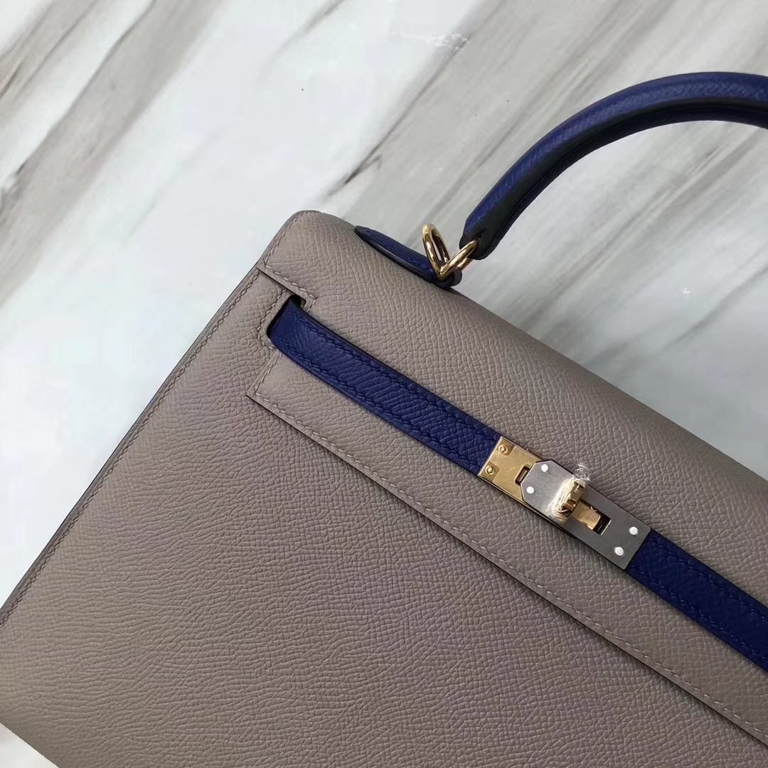 Stock Hermes Epsom Calf Kelly Bag25CM M8 Gris Ashpite/7T Blue Electric Gold Hardware