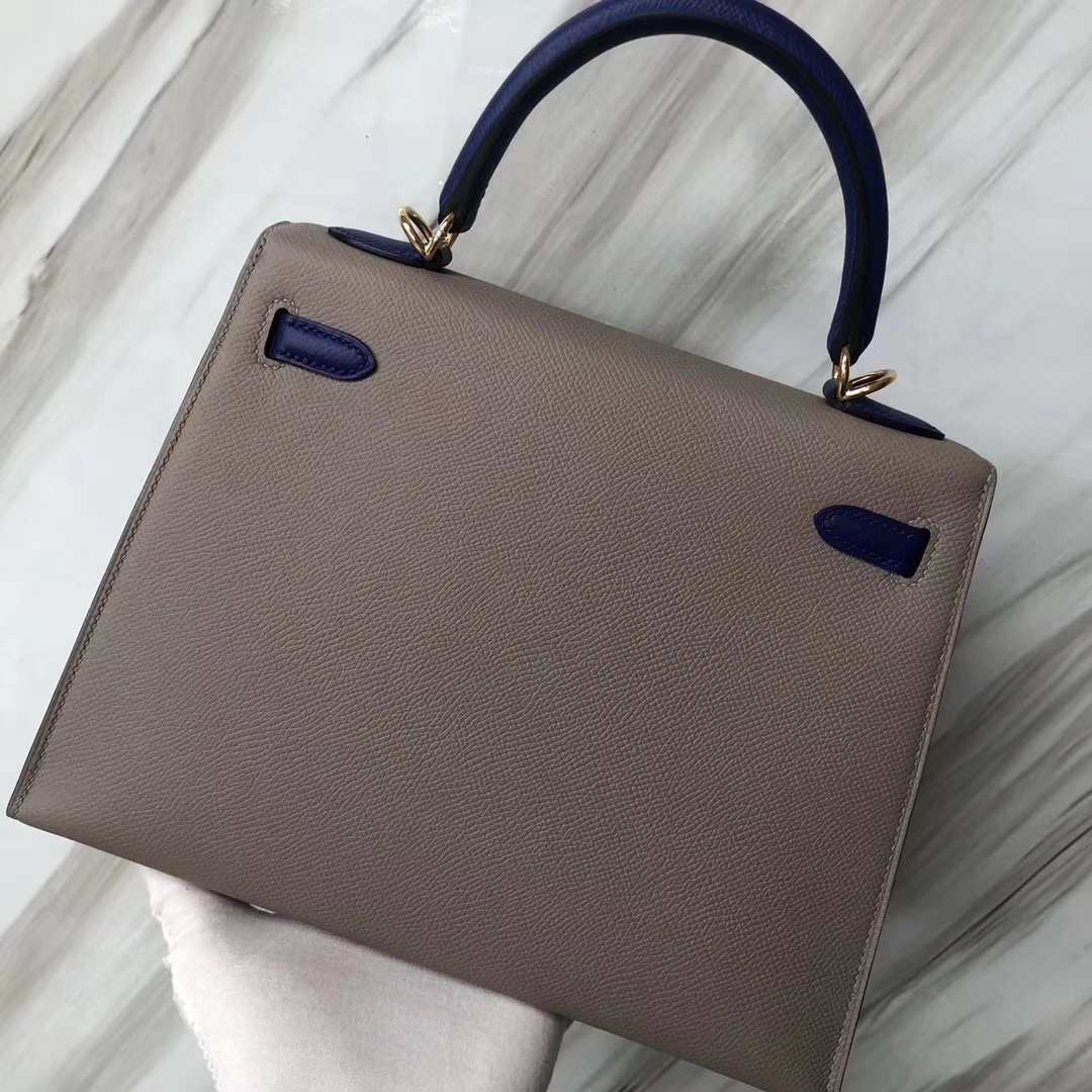 Stock Hermes Epsom Calf Kelly Bag25CM M8 Gris Ashpite/7T Blue Electric Gold Hardware