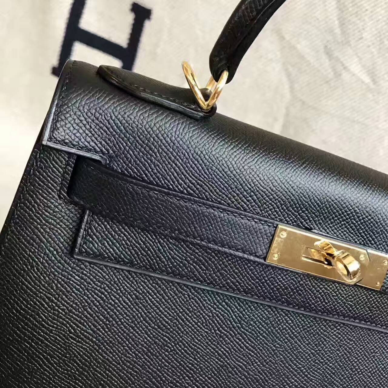 Luxury Hermes CK89 Black Epsom Leather Sellier Kelly Bag 28CM