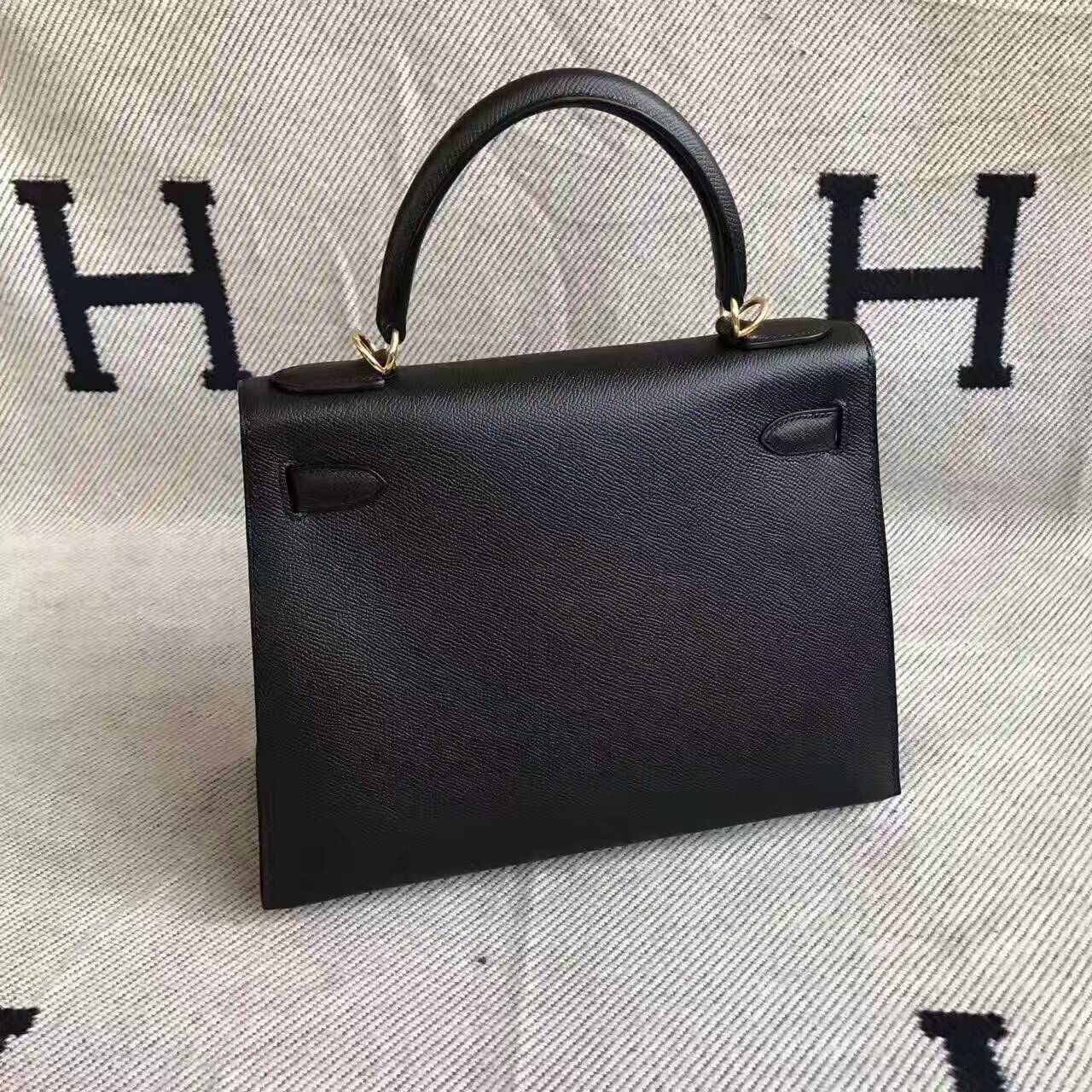 Luxury Hermes CK89 Black Epsom Leather Sellier Kelly Bag 28CM