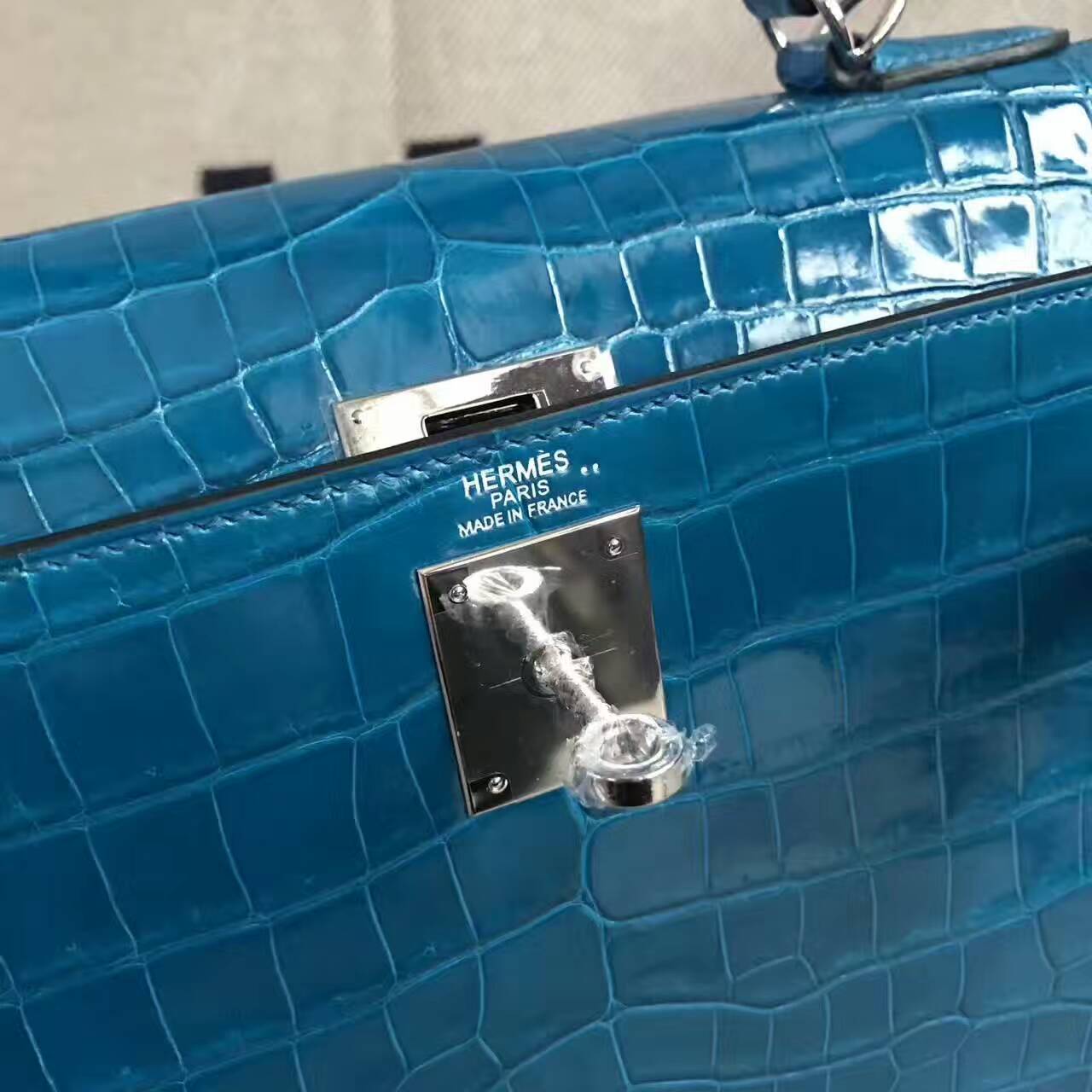 Discount Hermes 7W Blue Izmir Crocodile Shiny Sellier Kelly Bag 28CM