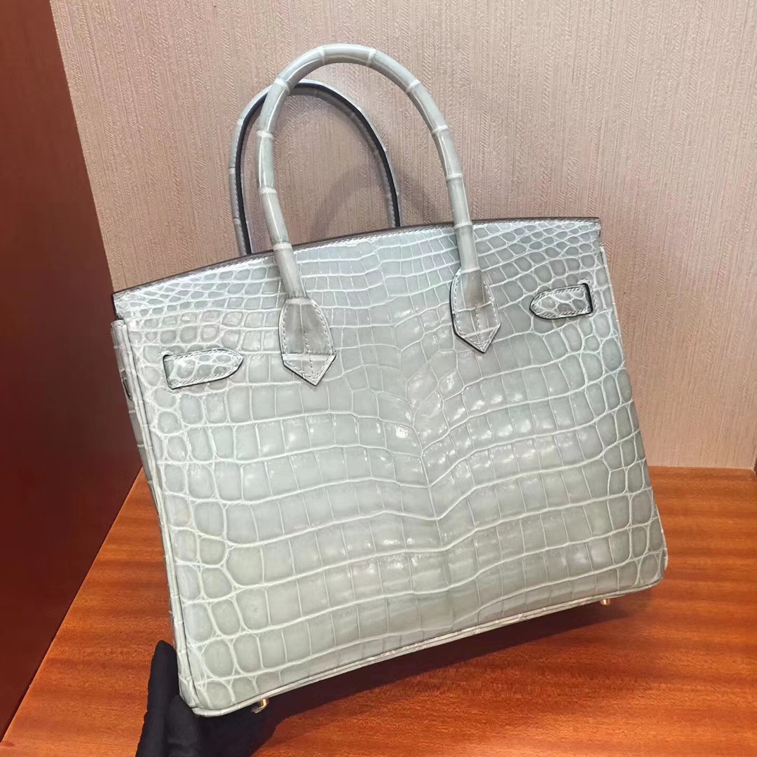 Luxury Hermes 8U Blue Glacier Crocodile Shiny Leather Birkin30cm Bag