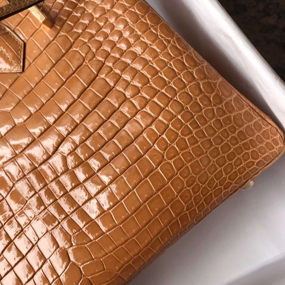 Noble Hermes Gold Porosus Shiny Crocodile Birkin Bag30CM Gold Hardware