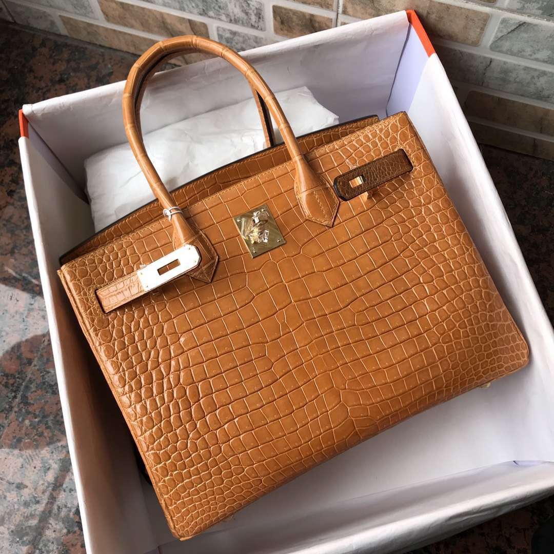 Noble Hermes Gold Porosus Shiny Crocodile Birkin Bag30CM Gold Hardware