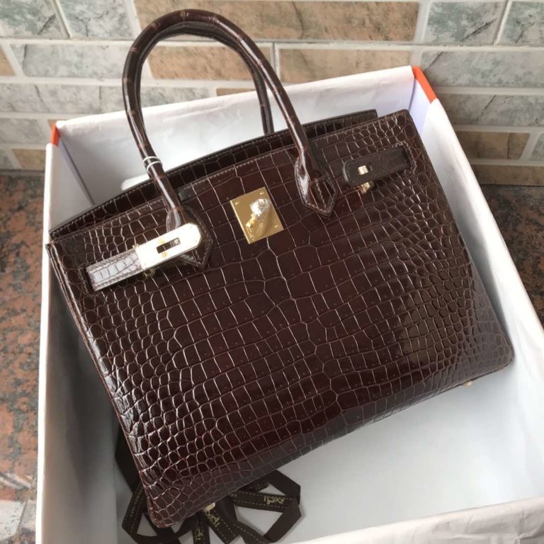 Hermes Coffee Color Porosus Shiny Crocodile Birkin 30CM Bag Gold Hardware