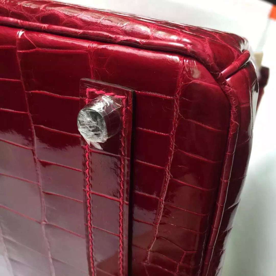 Elegant Hermes CK55 Rouge H Shiny Crocodile Leather Birkin Bag30CM Silver Hardware