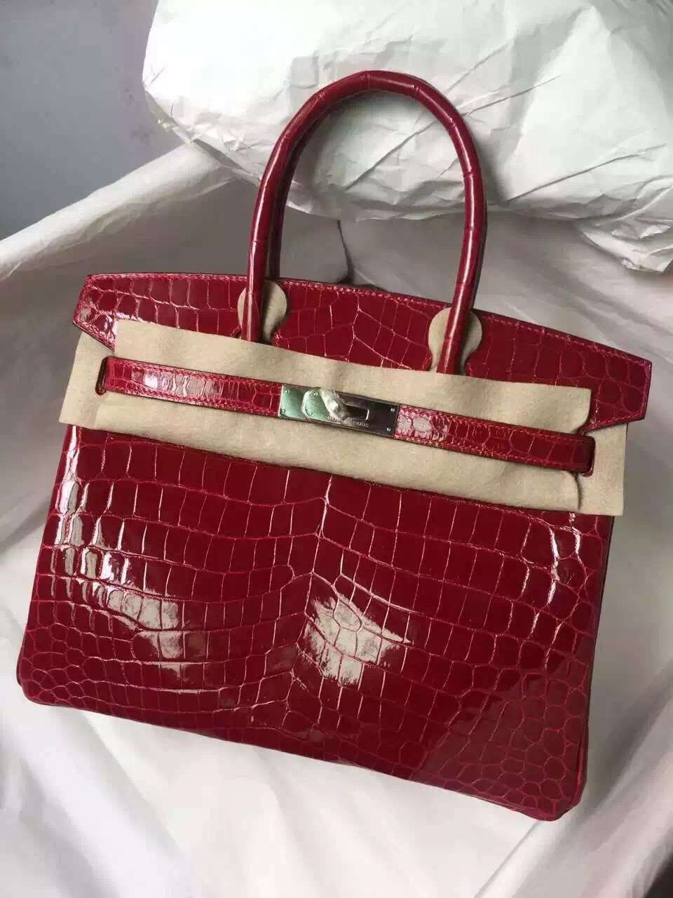 Elegant Hermes CK55 Rouge H Shiny Crocodile Leather Birkin Bag30CM Silver Hardware