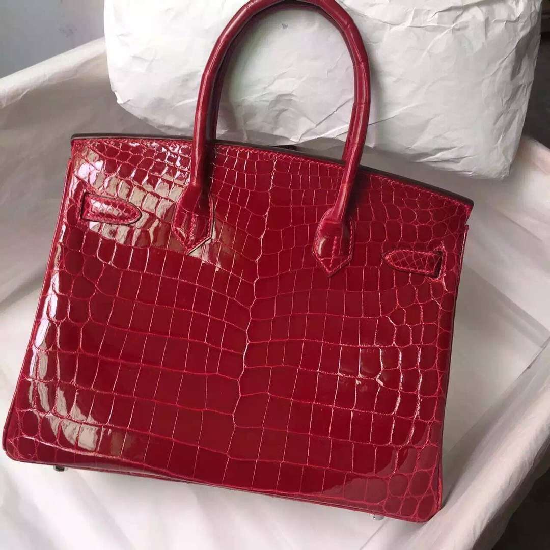 Elegant Hermes CK55 Rouge H Shiny Crocodile Leather Birkin Bag30CM Silver Hardware