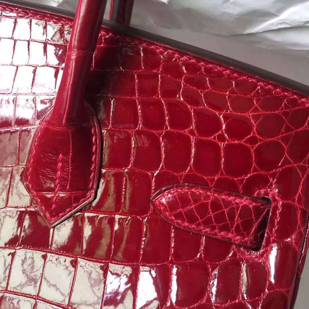 Elegant Hermes CK55 Rouge H Shiny Crocodile Leather Birkin Bag30CM Silver Hardware