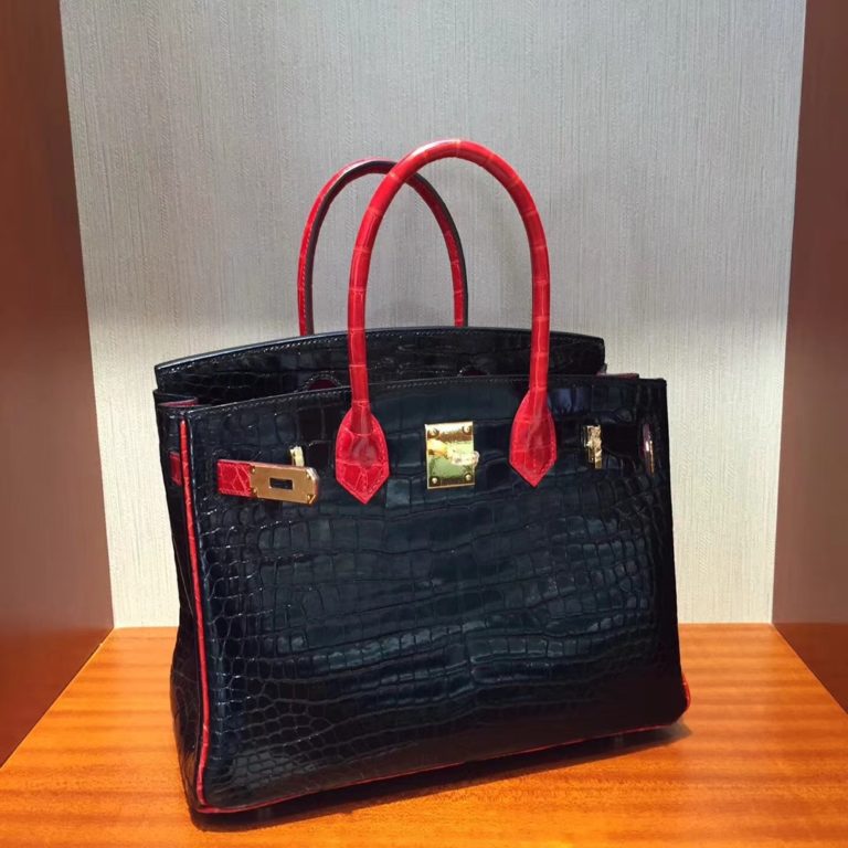 Hermes CK89 Black/CK95 Braise Shiny Porosus Crocodile Birkin 30CM Bag