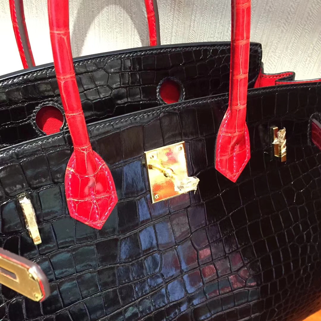 Fashion Hermes CK89 Black/CK95 Braise Shiny Porosus Crocodile Birkin30CM Bag