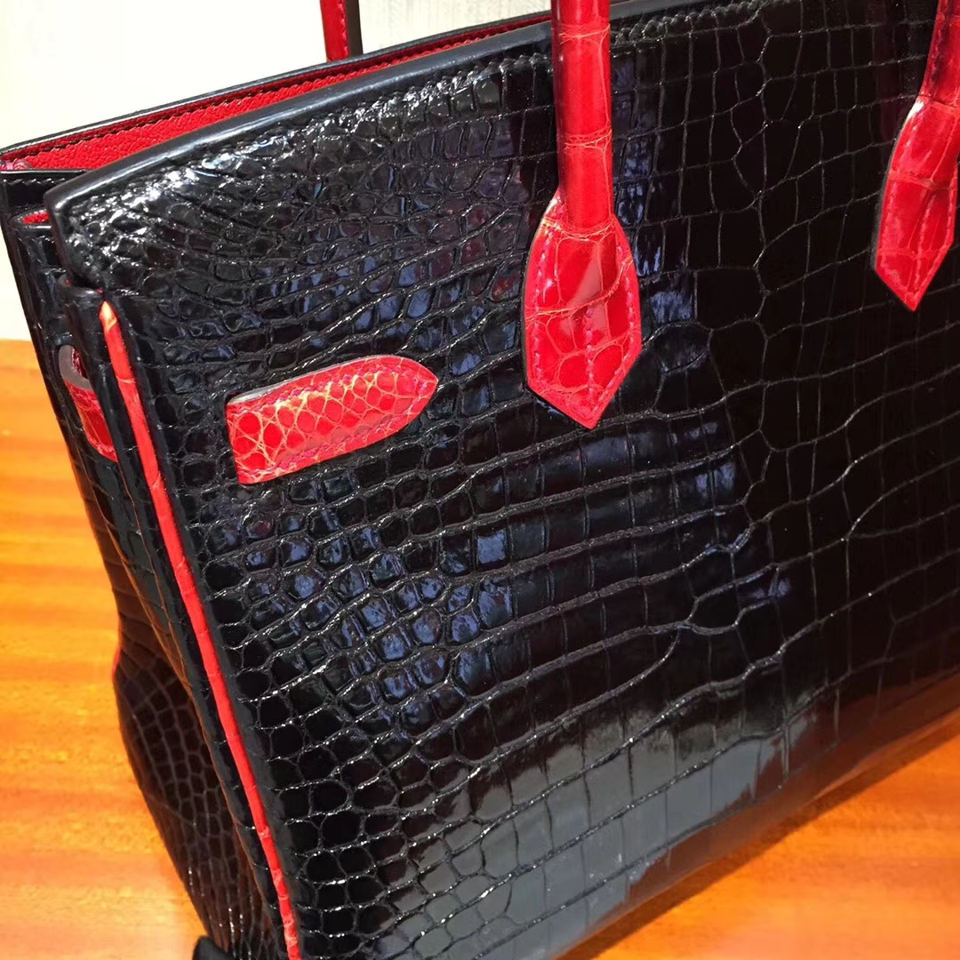 Fashion Hermes CK89 Black/CK95 Braise Shiny Porosus Crocodile Birkin30CM Bag