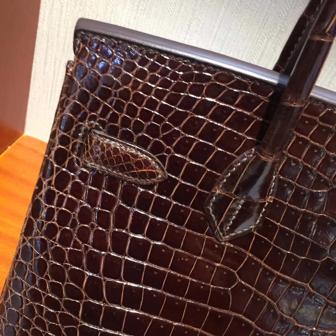 Discount Hermes Birkin Bag30CM in Dark Coffee Shiny Porosus Crocodile