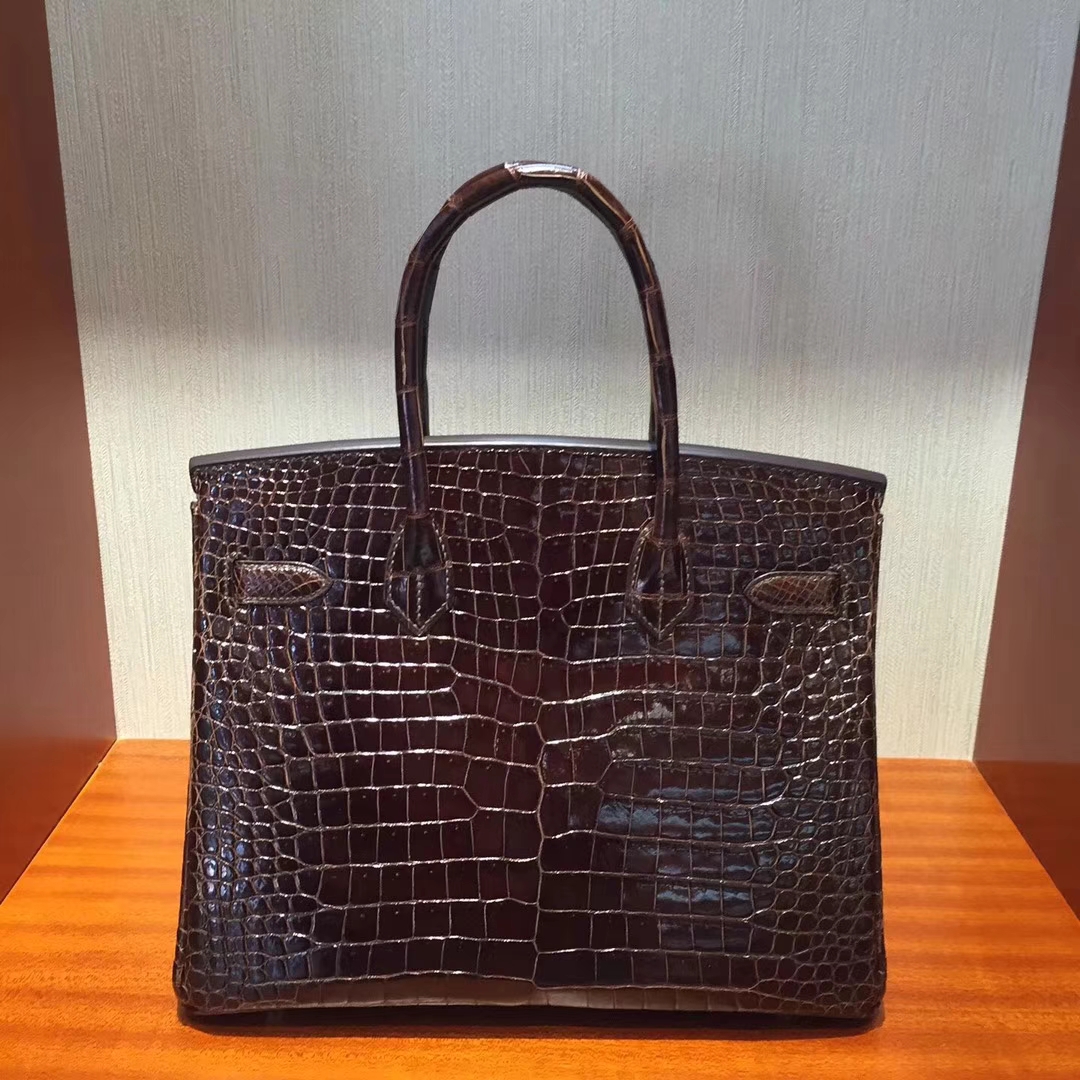Discount Hermes Birkin Bag30CM in Dark Coffee Shiny Porosus Crocodile