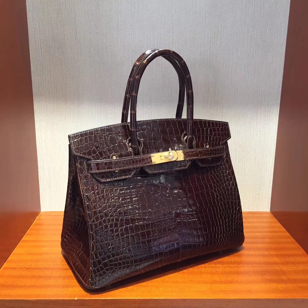 Discount Hermes Birkin Bag30CM in Dark Coffee Shiny Porosus Crocodile