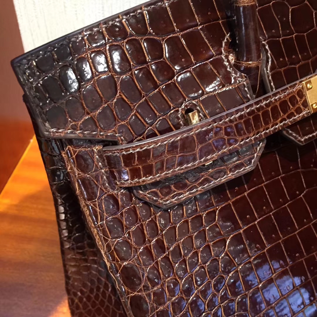 Discount Hermes Birkin Bag30CM in Dark Coffee Shiny Porosus Crocodile
