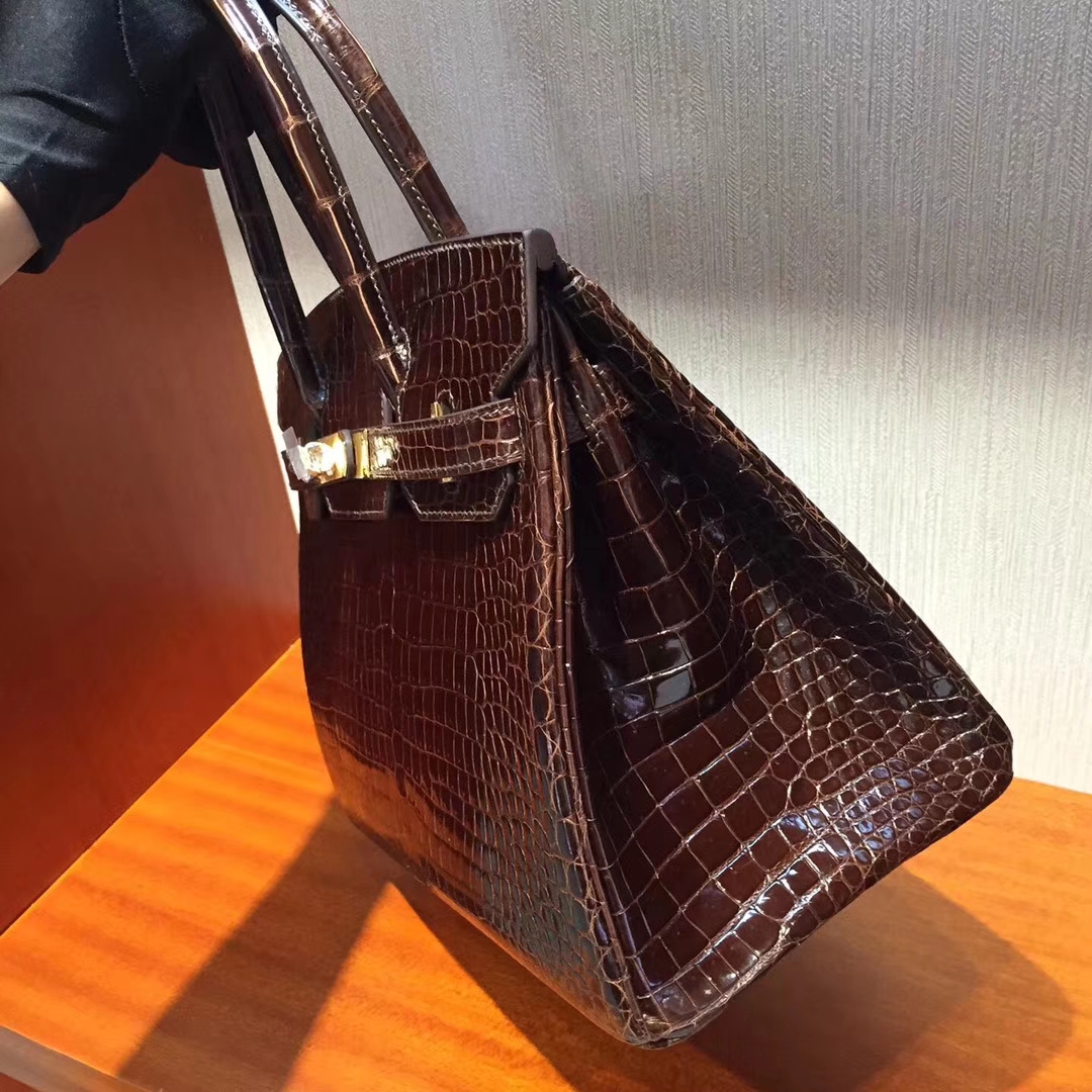 Discount Hermes Birkin Bag30CM in Dark Coffee Shiny Porosus Crocodile