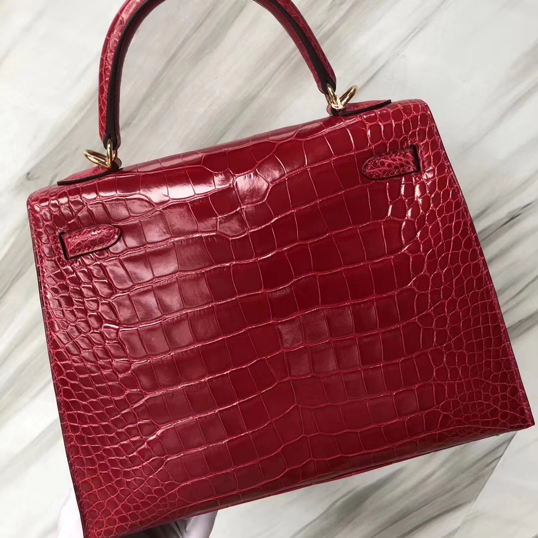Stock Hermes Alligator Shiny Crocodile Kelly25CM in CK95 Braise Gold Hardware