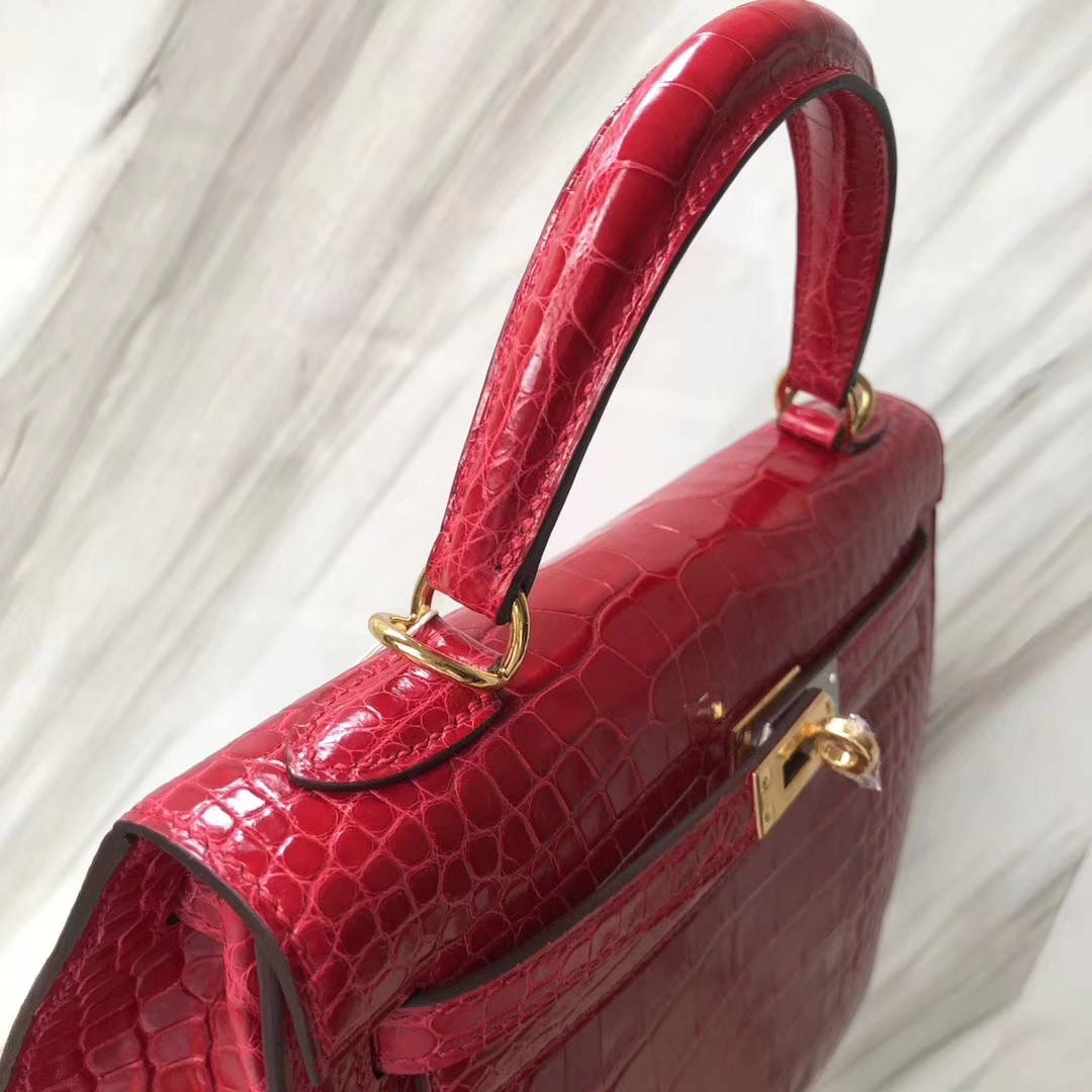 Stock Hermes Alligator Shiny Crocodile Kelly25CM in CK95 Braise Gold Hardware