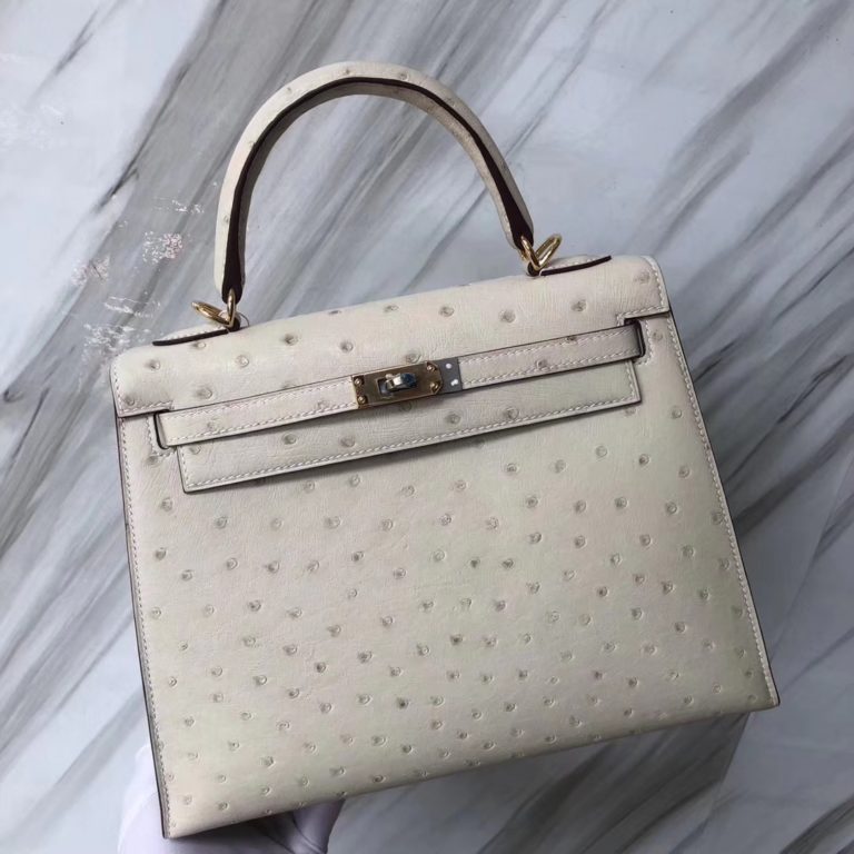 Hermes 3C Wool White Ostrich Leather Sellier Kelly 25CM Bag Gold Hardware