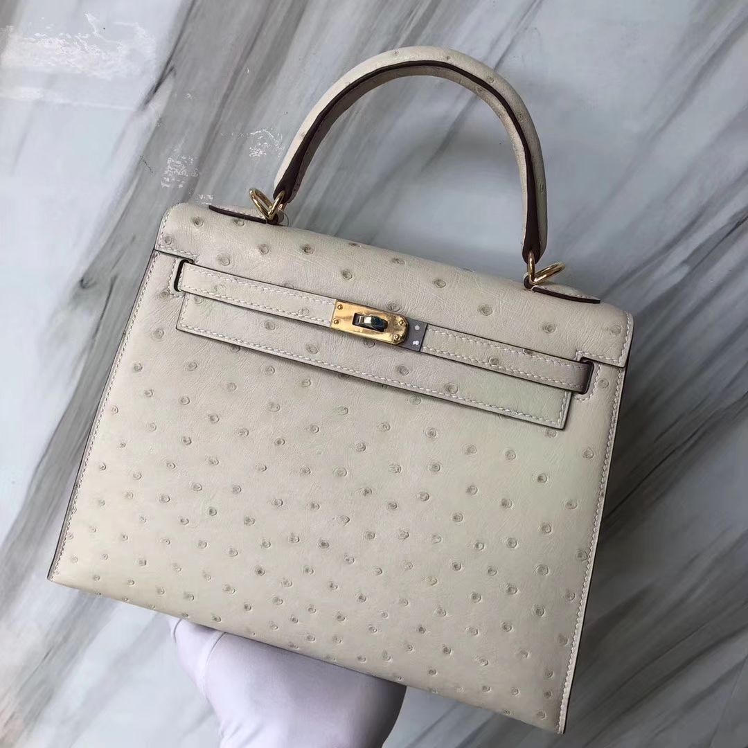 Stock Hermes 3C Wool White Ostrich Leather Sellier Kelly25CM Bag Gold Hardware