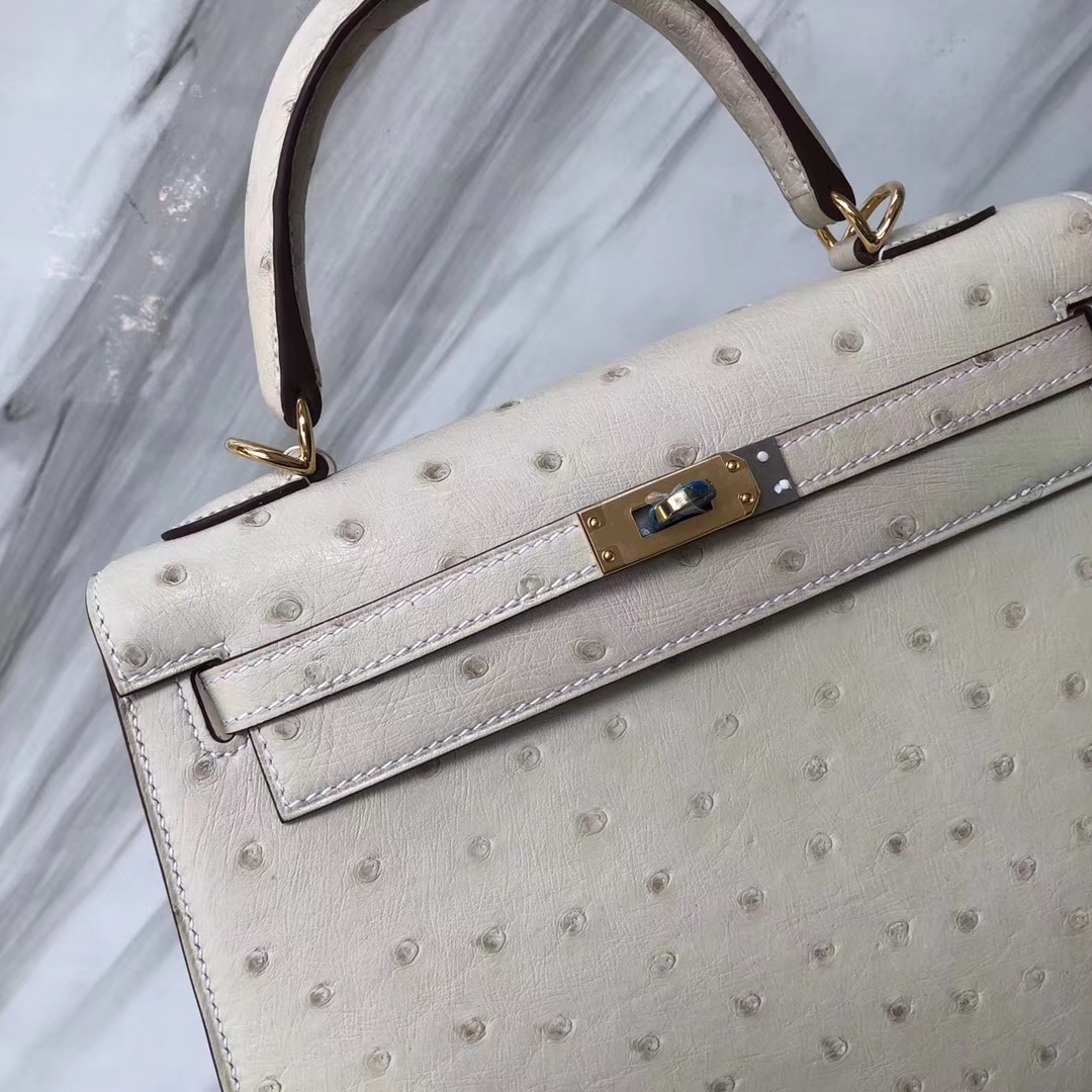 Stock Hermes 3C Wool White Ostrich Leather Sellier Kelly25CM Bag Gold Hardware