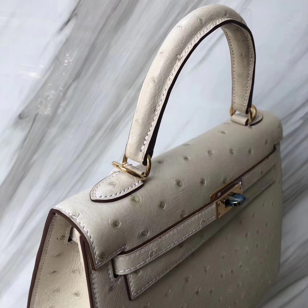 Stock Hermes 3C Wool White Ostrich Leather Sellier Kelly25CM Bag Gold Hardware