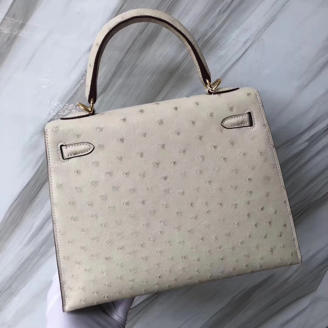 Stock Hermes 3C Wool White Ostrich Leather Sellier Kelly25CM Bag Gold Hardware
